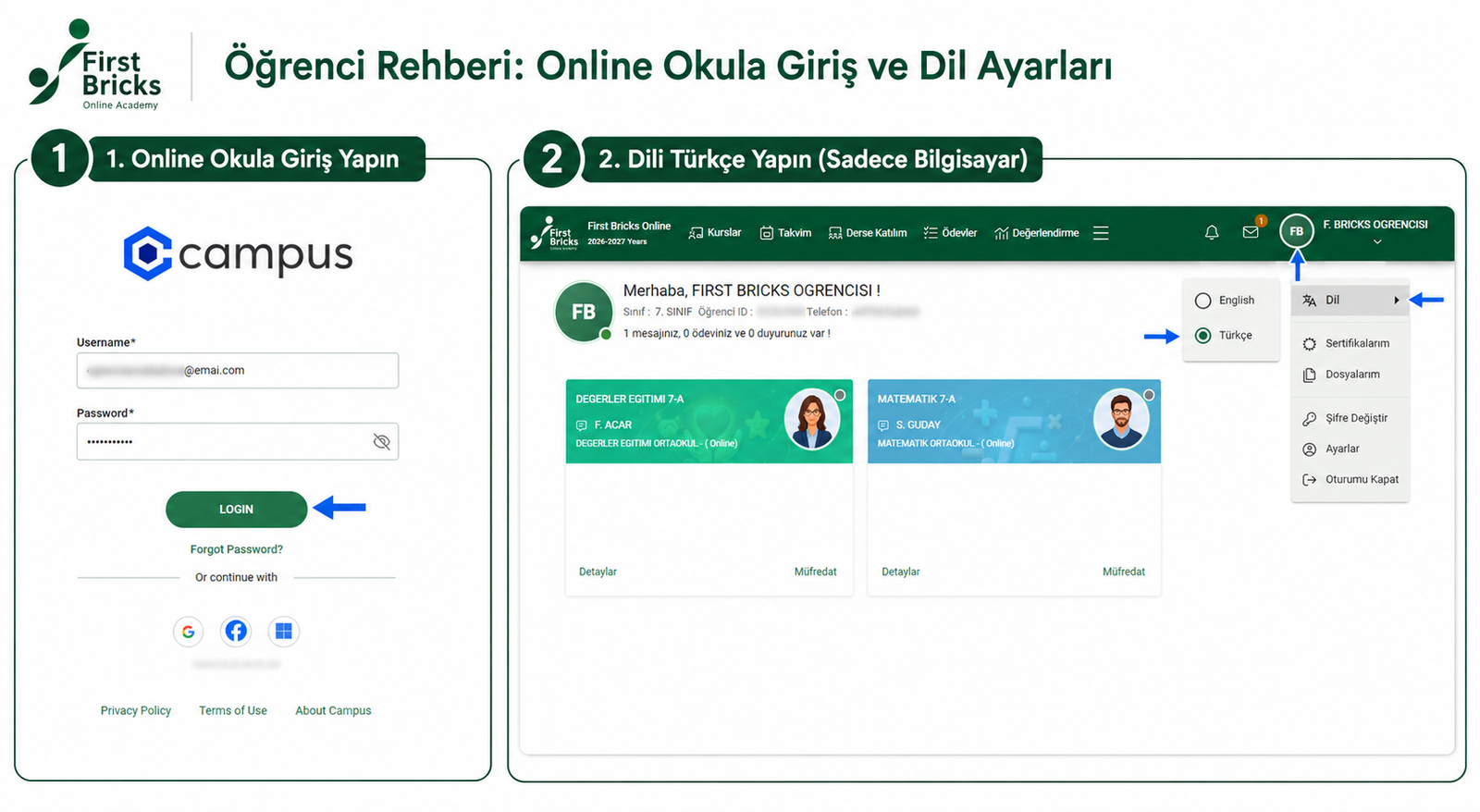 Online okula giriş ve bilgisayarda Türkçe dil seçimi rehberi