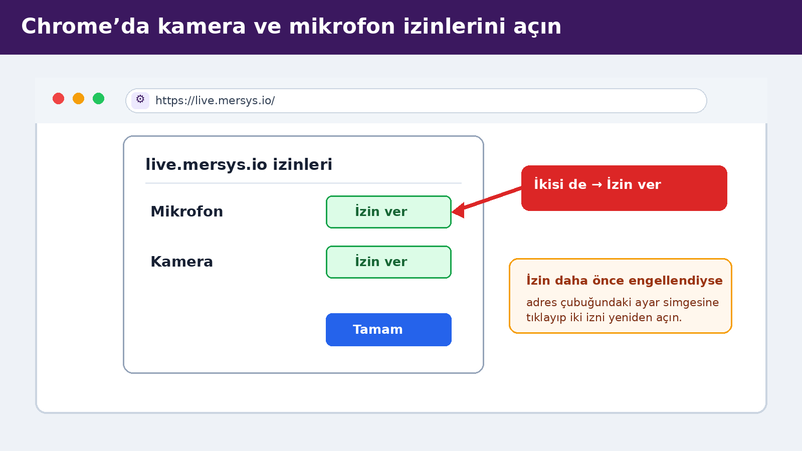 Mikrofon seçildikten sonra Chrome kamera ve mikrofon izinlerini verme
